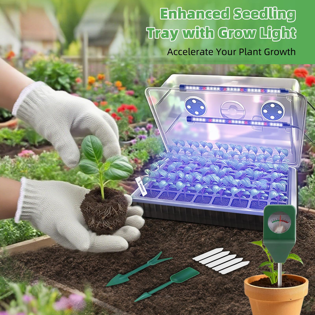 120-Cell Self-Watering Seed Starter Tray with Grow Light, 1–24H Timer, Humidity Dome, Soil pH Meter, Gloves, Seedling Tools – Indoor Seed Starting Kit for Plant Germination, Herbs, Vegetables, Flowers