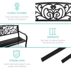 Best Choice Products Outdoor Bench Steel Garden Patio Porch Furniture for Lawn, Park, Deck w/Floral Design Backrest, Slatted Seat - Black