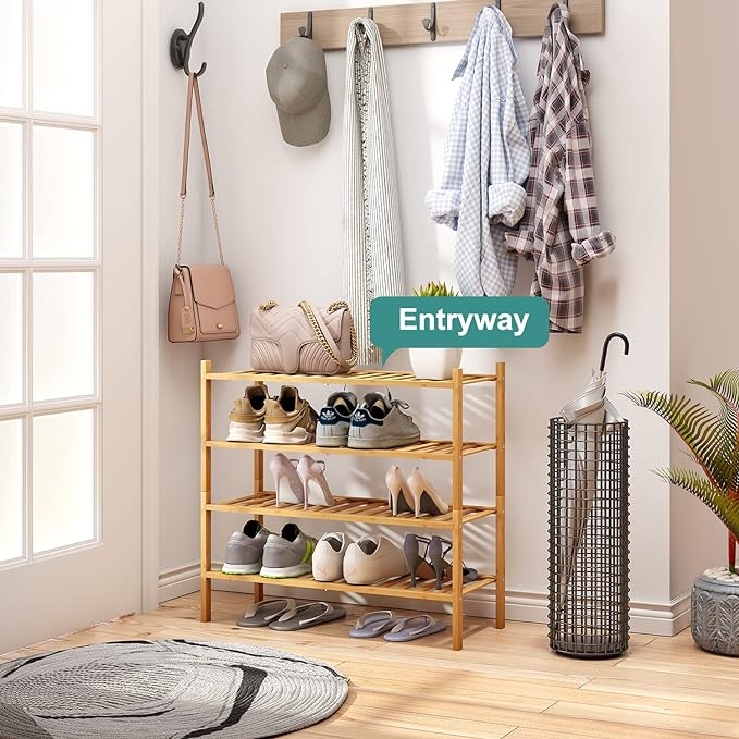 4-Tier Bamboo Shoe Rack for Entryway, Stackable | Foldable | Natural, Shoe Organizer for Hallway Closet, Free Standing Shoe Racks for Indoor Outdoor