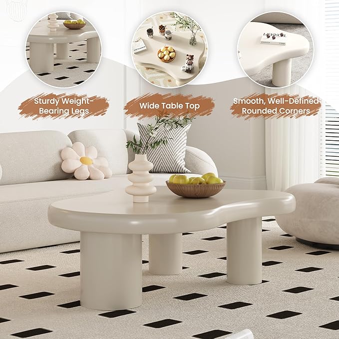 Coffee Table- Cloud Coffee Table, 48” Round Edge Tables with Unique Irregular Curves, Modern Tea Tables for Living Room Apartment, Easy Assemble& Clean