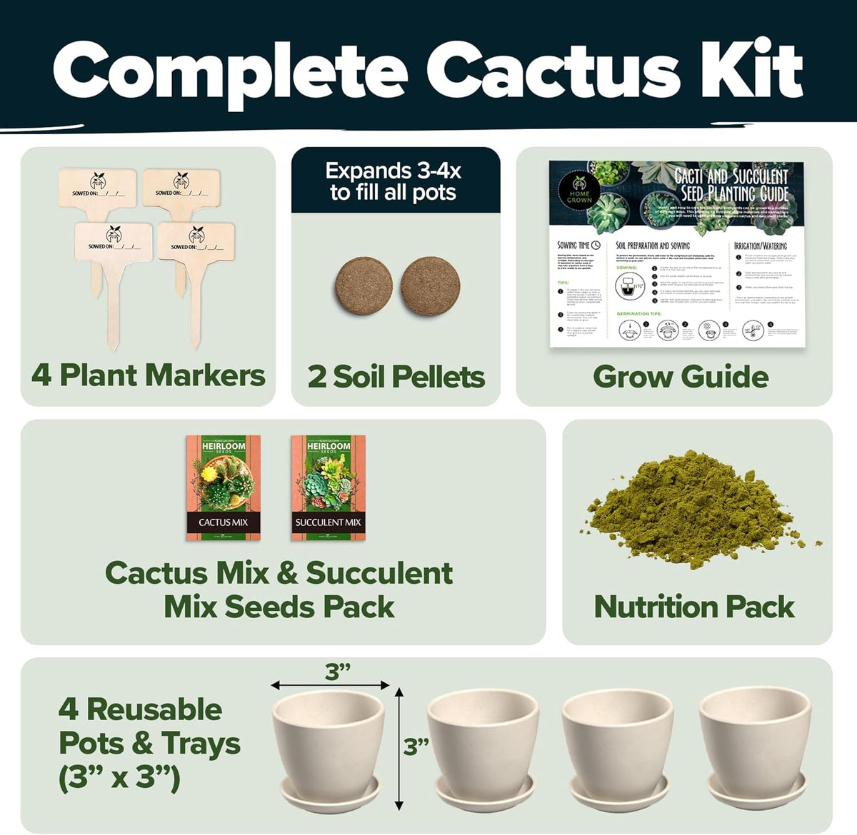 HOME GROWN Succulent & Cactus Seed Kit for Planting – [Enthusiasts Favorites] Premium Cactus & Succulent Starter Kit: 4 Planters, Drip Trays, Markers, Seeds Mix, Soil - DIY Gift Kits
