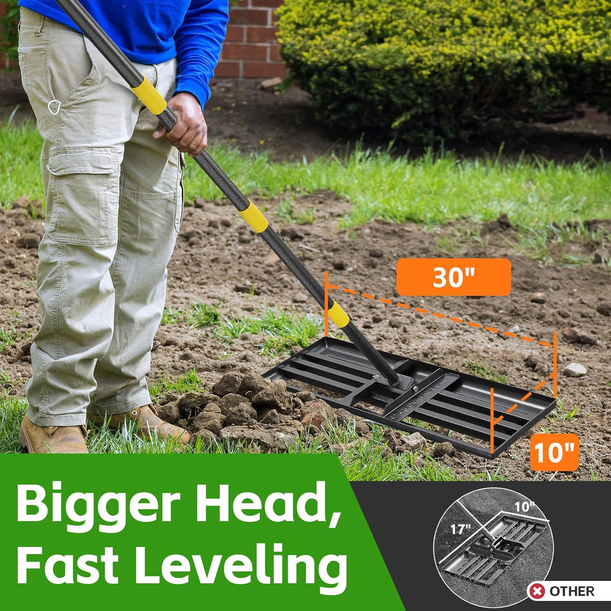 Lawn Leveling Rake 30”x10” Large Heavy Duty Metal Lawn Leveler with Long Adjustable Handle Proffesional Yard Leveling Rake for Soil Dirt Sand Compost Efficient Lawn Leveling Tool (6FT)