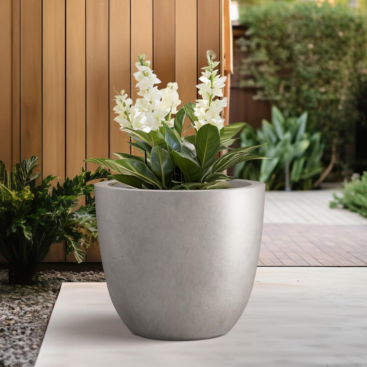 Kante 10 Inch Dia Round Concrete Planter, Indoor Outdoor Large Plant Pot with Drainage Hole and Rubber Plug for Home Patio Garden, Weathered Concrete