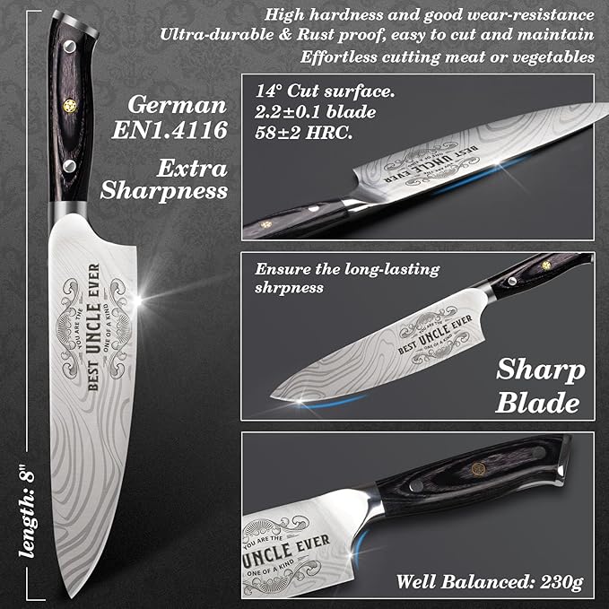 Best Uncle Ever Gifts for Men Uncle, 8 inch Professional German High Carbon Stainless Steel Chef Knife, Kitchen Cooking Knife Gifts for Birthday, Uncle Christmas Xmas Gifts