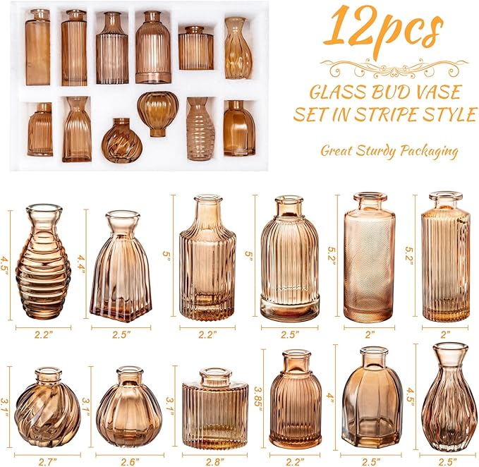 Bud Vases Set of 12, Amber Vase Small Glass Vases for Flowers Modern Ribbed Amber Glass Bud Vase for Decor Flower Vase in Bulk Vintage Decor Boho Wedding Centerpieces Rustic Home Table Decoration