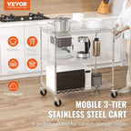 VEVOR Kitchen Utility Cart, 3 Tiers, Wire Rolling Table with 661 LBS Capacity, Steel Service Desk on Wheels, Metal Storage Trolley with 80 mm Deep Basket Curved Handle 6 Hooks