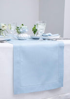 Solino Home Linen Sky Blue Table Runner 120 Inches Long - 100% Pure Linen Hemstitch 14 x 120 Inch Table Runner for Dining, Holiday - Classic Hemstitch