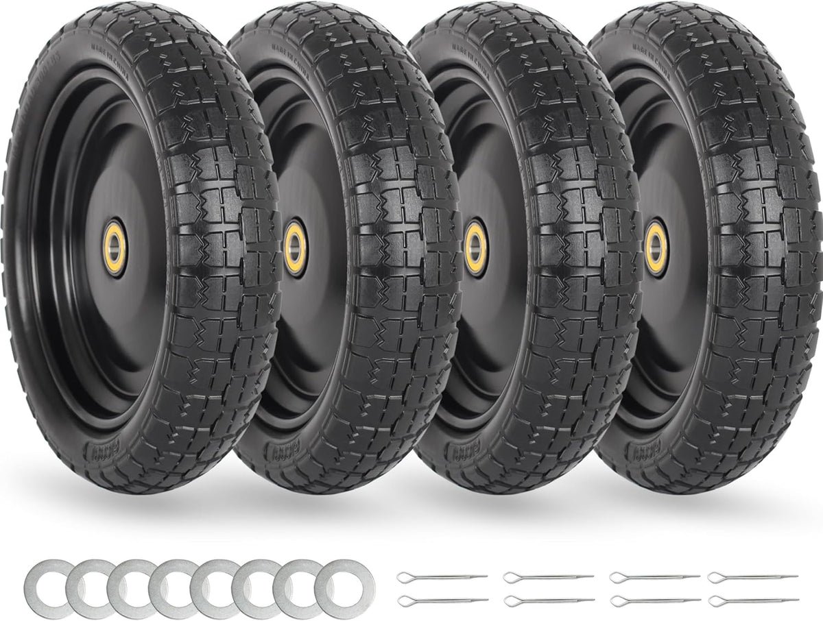 13" Flat-free Solid Tire and Wheel Replacement, with 5/8" Axle Bore Hole, 2.2" Offset Hub for Wheelbarrow Garden Wagon Trolley Dolly (4-pcs)