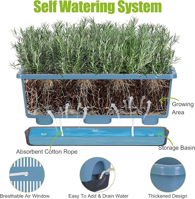 Window Box Planter 4 Packs, 17 Inches Rectangle Flower Pots with Drainage Holes & Trays, Pots for Vegetables, Herbs, Flowers, Garden Windowsill Balcony (Blue, 17 * 5.1 * 6 inch)