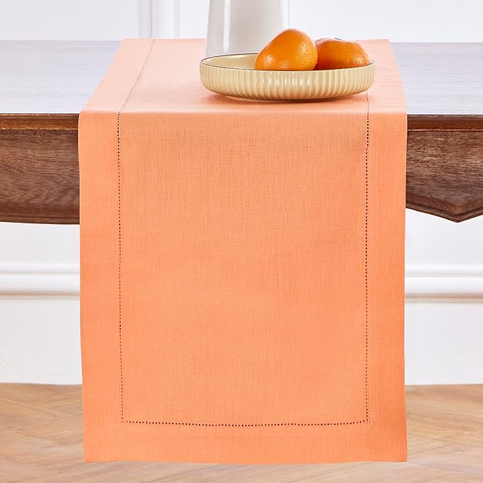 Solino Home Linen Coral Table Runner 132 Inches Long - 100% Pure Linen Extra Long Table Runner 14 x 132 Inch - Classic Hemstitch