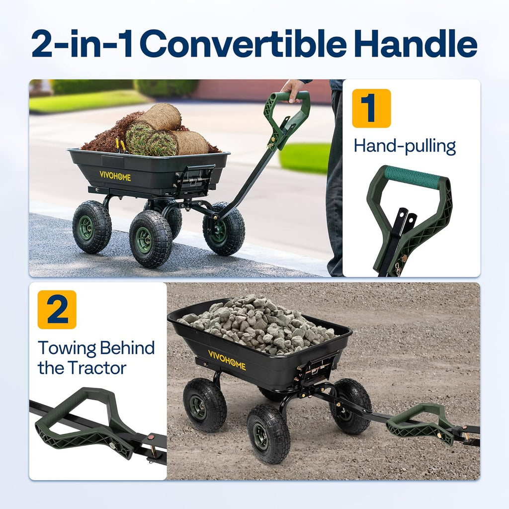 VIVOHOME 4 Cu.Ft 660lbs Wheelbarrow Garden Cart Dump Wagon with 2-in-1 Convertible Handle Attach to ATV or Tractor, 10" All Terrain Wheels, Quick Release System, Heavy Duty Utility Trailer for Yard