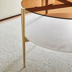 Shrine Modern Coffee Table with Glass Top, Round Table for Living Room, Two-Tier 30-Inch White Wooden Storage Coffee Table, Gold Table Legs Structure & Brown Glass Top