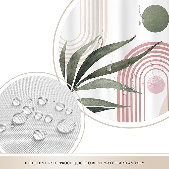 Glawry Pink Green Boho Shower Curtain Abstract Mid Century Tropical Leaves Modern Geometric Minimalist Arch Sun Bathroom Aesthetic 60Wx72L Inches Bath Accessories Art Home Decor Fabric 12 Pack Hooks