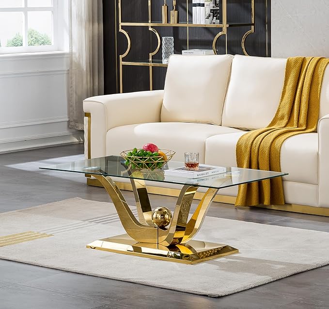 HomVent Modern Glass Coffee Table, with Stainless Steel, Living Room Table for Living Room Bedroom