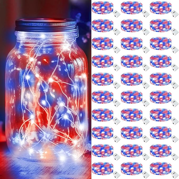 kolpop 30 Pack 4th of July Decor Patriotic Fairy Lights Battery Operated with 3 Modes, Red White Blue Twinkle String Lights Waterproof for Mason Jars Party