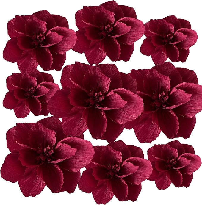 BRT Bearingshui Crepe Paper Flowers Decoration for Wall Total 9 Pcs, Artificial Flowers for Wedding Decor,Flower Backdrop Decor, Baby Bridal Shower Birthday Party, Burgundy 3D Wall Flowers Decor