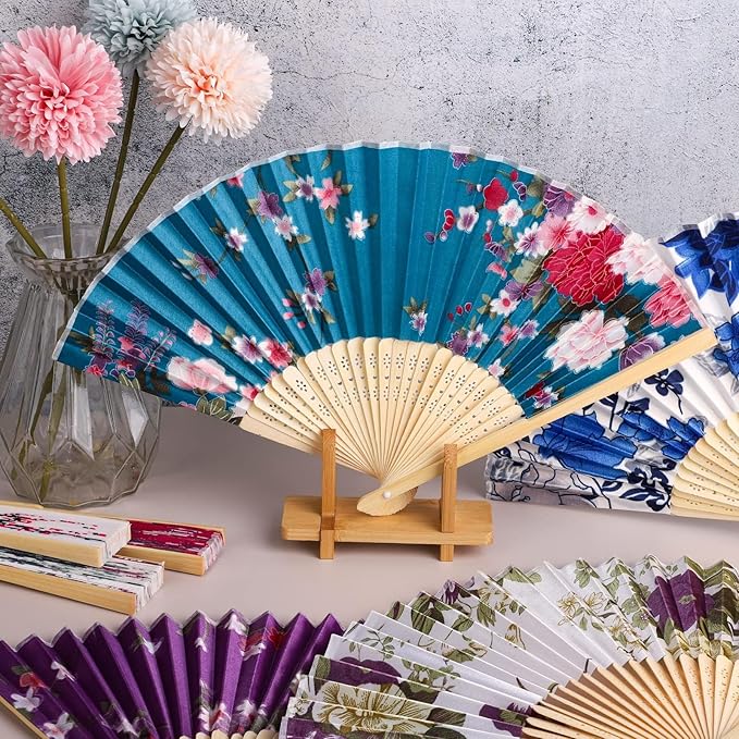 durony 12 Pieces Floral Folding Fans Silk Bamboo Handheld Fans Vintage Handheld Fan Flower Patterns Fabric Fans for Wedding Gifts, Dancing, Party Favors, Multicolor