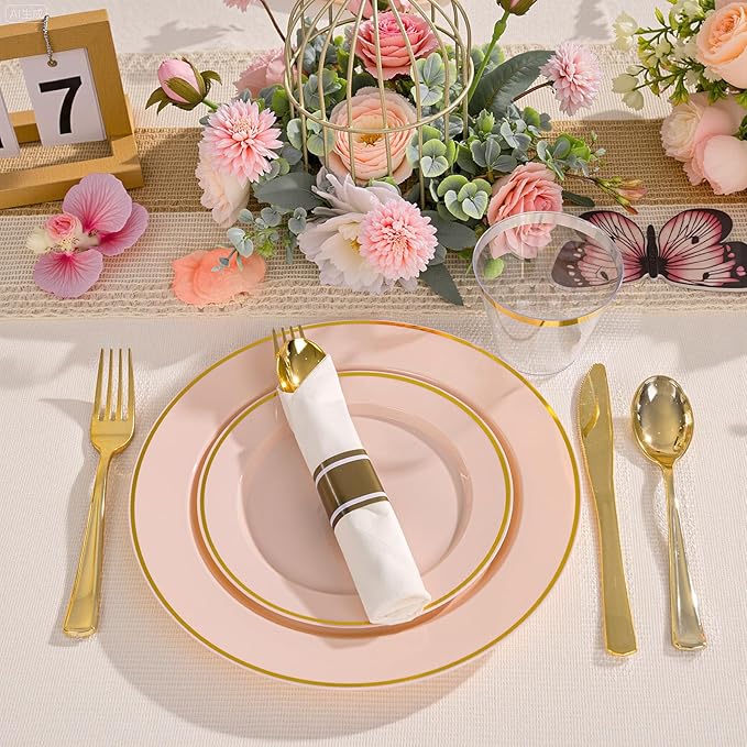 SUT 350 Pcs Pink and Gold Plastic Dinnerware Set for 50 Guests, Include: 50 Dinner Plates, 50 Dessert Plates, 50 Pre Rolled Napkins With Silverware, 50 Cups, Disposable Plates for Baby Shower, Party