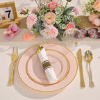 SUT 175 Pcs Pink and Gold Plastic Dinnerware Set for 25 Guests, Include: 25 Dinner Plates, 25 Dessert Plates, 25 Pre Rolled Napkins With Silverware, 25 Cups, Disposable Plates for Baby Shower, Party