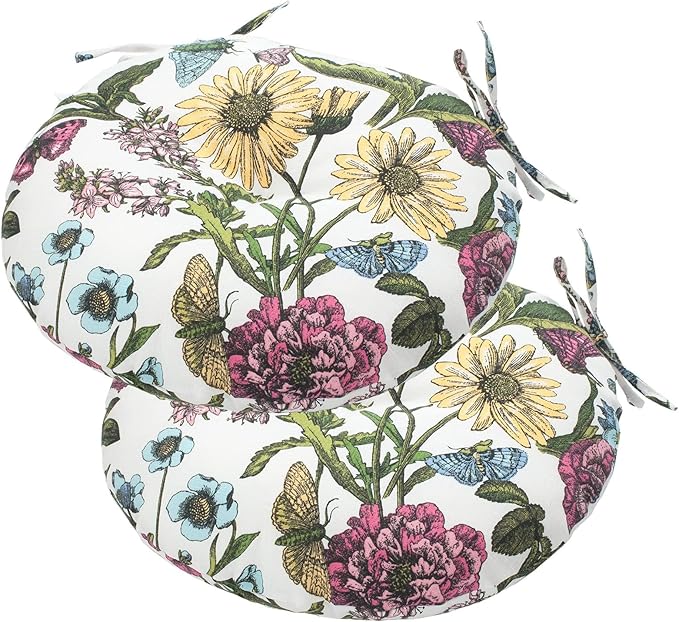 Bistro Chair Cushions 15 inch,Set of 2,Tufted Round Chair Cushions with Ties,15"x15"x4",Water Resistant Round Seat Cushion for Barstool Chairs,Patio Garden Kitchen Outdoor Furniture(Butterfly Flower)