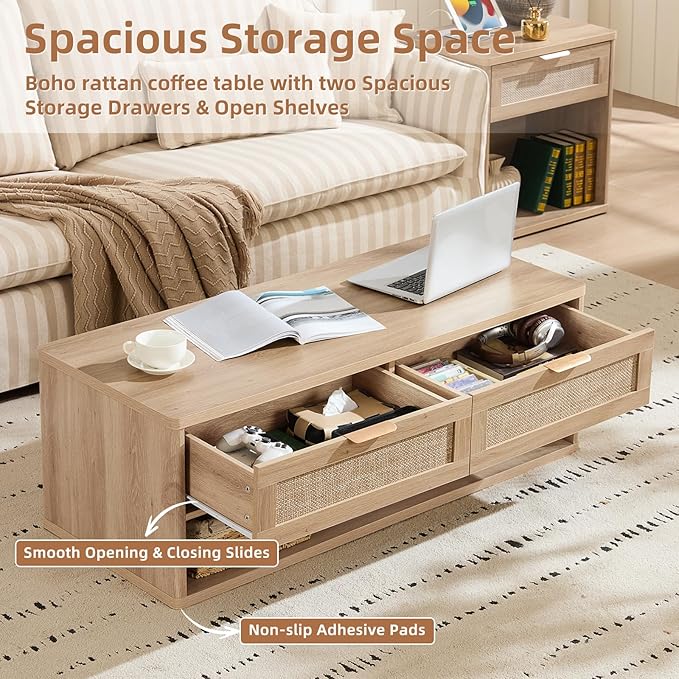 LEYAOYAO 48" Farmhouse Boho Rattan Coffee Table with 2 Woven Drawers,Rectangular Coffee Tables with Hidden Storage Compartment,Curved Profile Design,Wooden Center Table for Living Room,Natual Wood