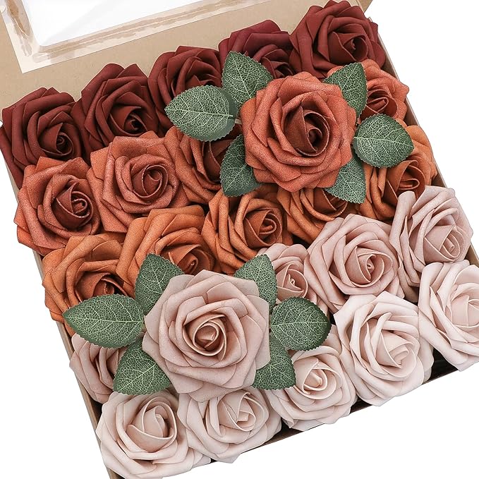 Floroom Artificial Flowers 25pcs Real Looking Terracotta Ombre Colors Foam Fake Roses with Stems for DIY Wedding Bouquets Bridal Shower Floral Centerpieces Party Tables Home Decorations