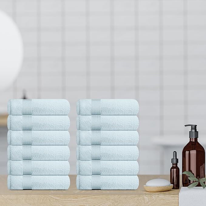 White Classic Resort Collection Soft Washcloth Face & Body Towel Set | 12x12 Luxury Hotel Plush & Absorbent Cotton Wash Clothes [12 Pack, Light Blue]
