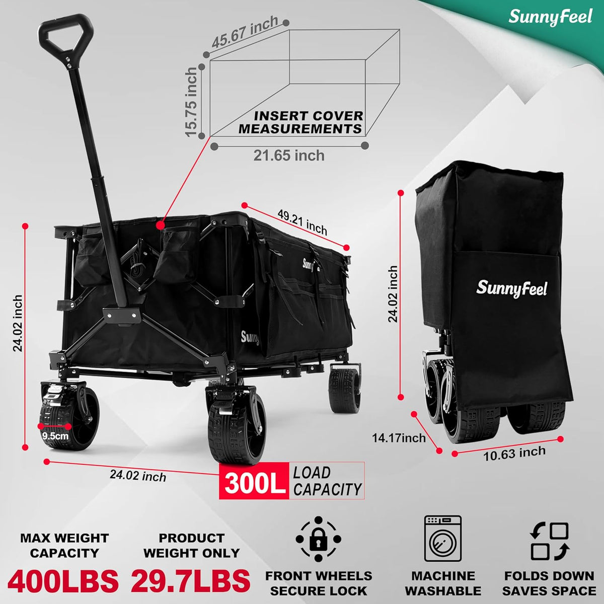SUNNYFEEL 49''L 550lbs Heavy Duty Wagon Cart Foldable with Wheels,Extra Long Fold Up Wagons Carts with Side Pocket and Brakes for Camping Sports Garden Shopping (Black)