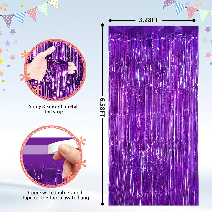 GCB 2Pack Purple Metallic Tinsel Foil Fringe Curtains, Door Streamers Photo Booth Backdrop for Birthday Party Wedding, Purple Curtain Backdrop for Baby Shower Bachelorette Christmas Party Decorations