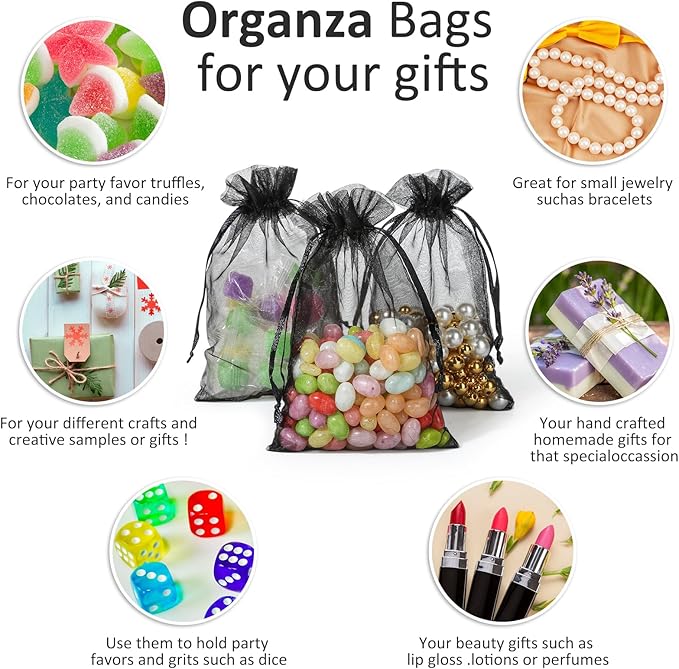 50PCS Sheer Organza Bags, Wedding Favor Bags with Drawstring, 4x6 inches Jewelry Gift Bags for Party, Jewelry, Festival, Makeup (Black)