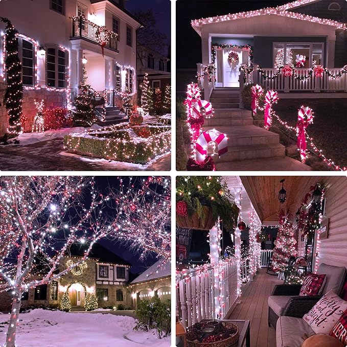 JMEXSUSS 132ft Red and White Christmas Lights Outdoor with Remote, 400 LED String Lights Indoor Plug in with Remote, 8 Modes Christmas Fairy Lights for Bedroom Tree Party Christmas Decorations