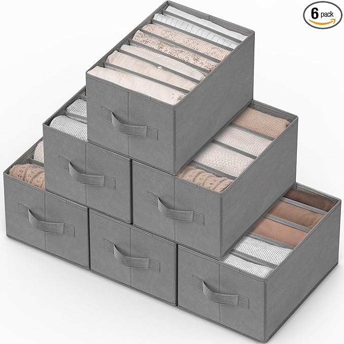 Criusia 6 Pack Large Clothes Organizer, Wardrobe Closet Organizer and Storage with Handles, Foldable Fabric Closet Organizers Dividers for Clothing, Pants, Jeans, Sweater, T-shirts, Grey