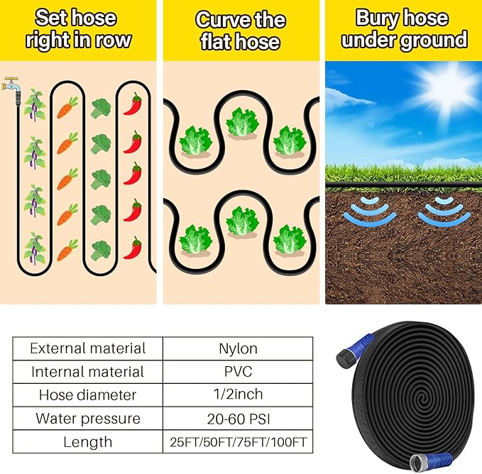 TigeJoy 75FT Flat Soaker Hose, Heavy Duty Double Layer Garden Watering Hose, Flexible Leakproof Drip Irrigation Hose for Raised Beds, Lawns & Vegetables, Save 80% Water