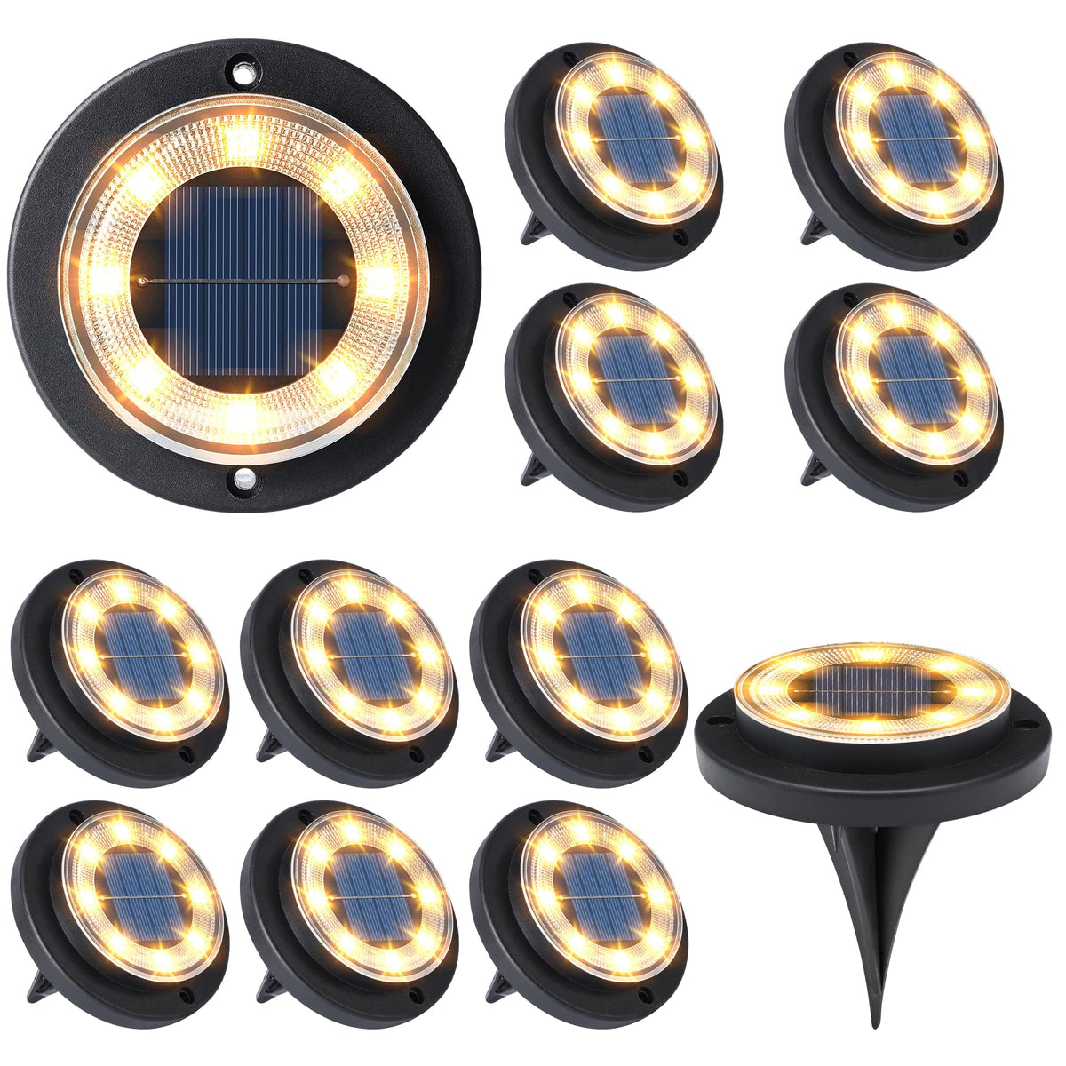 Solar Ground Lights, Warm White 12-Pack – 2-in-1 Waterproof Outdoor Disk Lights