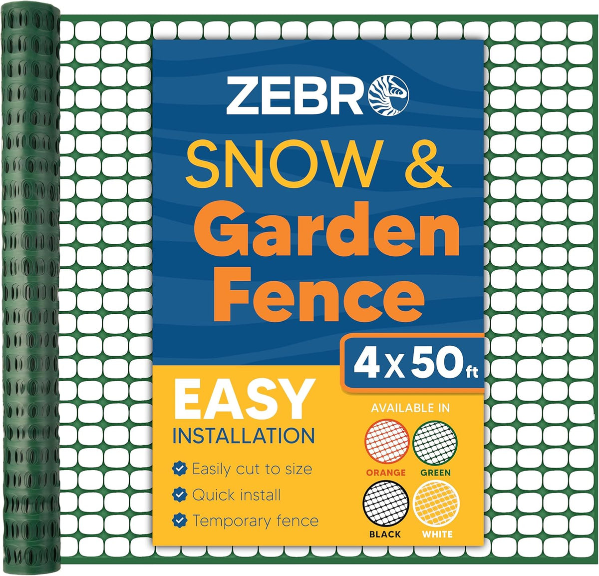 ZEBRO 4' x 50' Green Plastic Garden Fence Roll – Standard Duty Safety Netting for Snow, Poultry, Deer, Dogs – Reusable Outdoor Barrier for Yard, Landscaping, Animal Protection