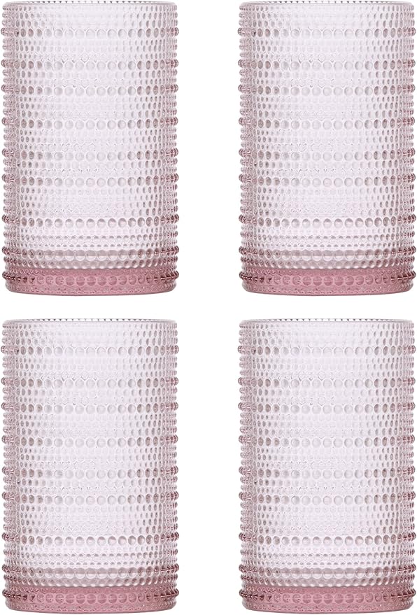 Fortessa Jupiter Beaded Hobnail Glass, 13 Ounce Iced Beverage (Set of 4), Pink