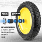 TICONN 4.80/4.00-8 Tire, 14.5" Flat Free Wheelbarrow Tire and Wheel, Solid Replacement Tires, 5/8" 3/4" Bearings, Universal Fit 4.80/4.00-8, 3.50/3.00-8, 4.00-6 (14.5" Yellow, 4PK)