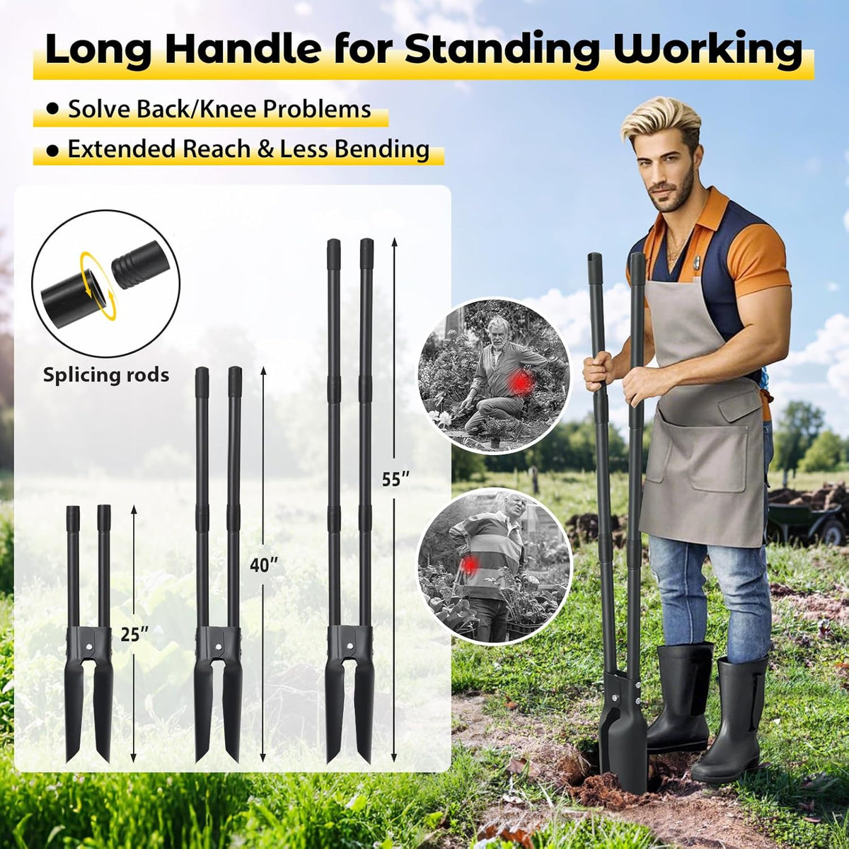 Post Hole Digger Tool, Heavy Duty Post Hole Digger with 55 Inch Handle, Dual Sharp Blades for Soil Plugging, Digging, Cultivating, Weeding, Manual Post Hole Digging Tool Garden Shovel, Black