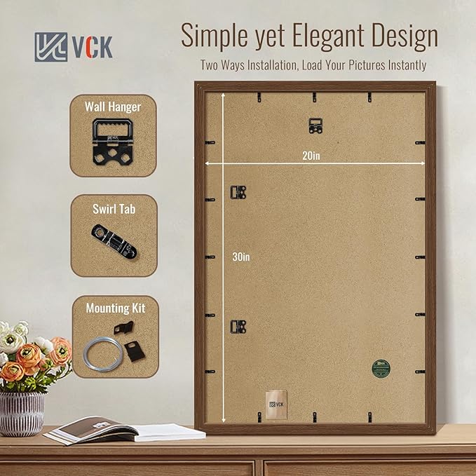 VCK 20x30 Poster Frame Set of 4 - Brown, Gallery-Quality Wood Picture Frames, 1.1-Inch Wide Border, Polished Plexiglass, Vertical or Horizontal Wall Display for Photo/Art/Prints, Brown
