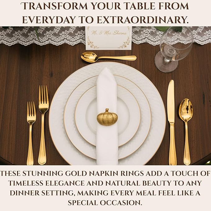 Set of 12 Pumpkin Napkin Rings | Premium Metal Fall Harvest Table Decor | Thanksgiving Dinnerware Holders, Autumn & Halloween Table Setting Accessories (Gold) - ALPHA Living HOME