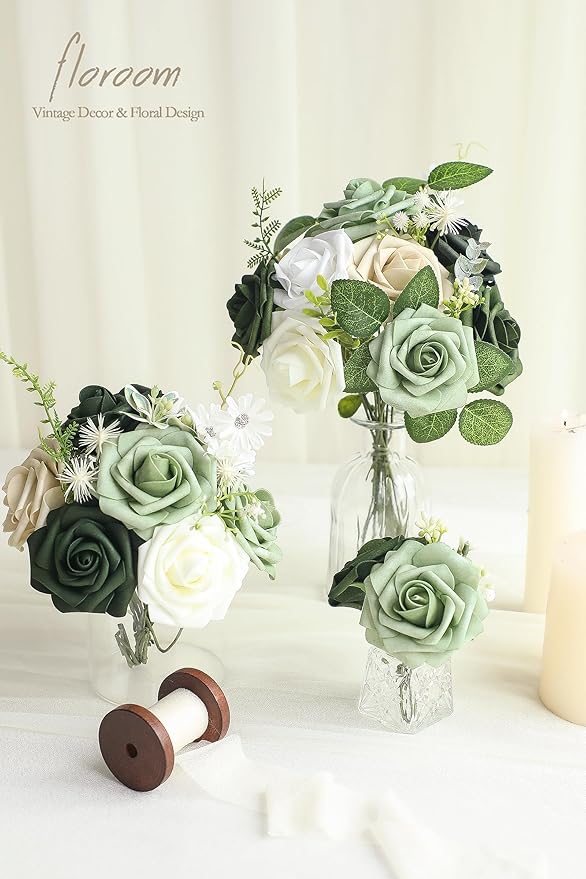 Floroom Artificial Flowers 25pcs Real Looking Emerald Green Ombre Colors Foam Fake Roses with Stems for DIY Wedding Bouquets Bridal Shower Centerpieces Sage Green Floral Arrangements Tables Decoration