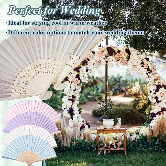90 Set Personalized Cream Wedding Fans for Guests Bulk, Custom Engraved Summer Wedding Fans, Silk Hand Fans Handheld Folded Fan Baby Shower Favors for Bridal Bridesmaid Gift Church Dancing Party
