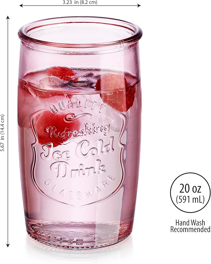 Glaver's Colored Glassware, Ice Cold Drinking Glasses Set of 4 – 18 Oz Vintage Glass Cups for Kitchen, Dining Table – Multi- Colors Glass Tumblers. Hand Wash.