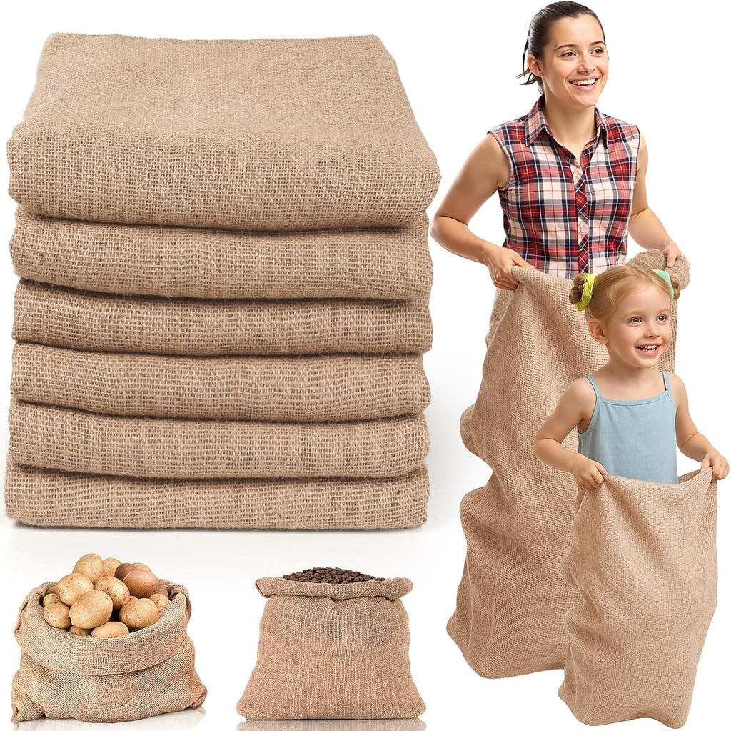 Kmise Premium Tightly Woven Burlap Potato Sack Race Bags (Pack of 6)，48"x25" Natural Jute Burlap Sacks for Kids & Adults, Reusable Eco-Friendly Grow Bag for Field Day Games & Harvest Storage