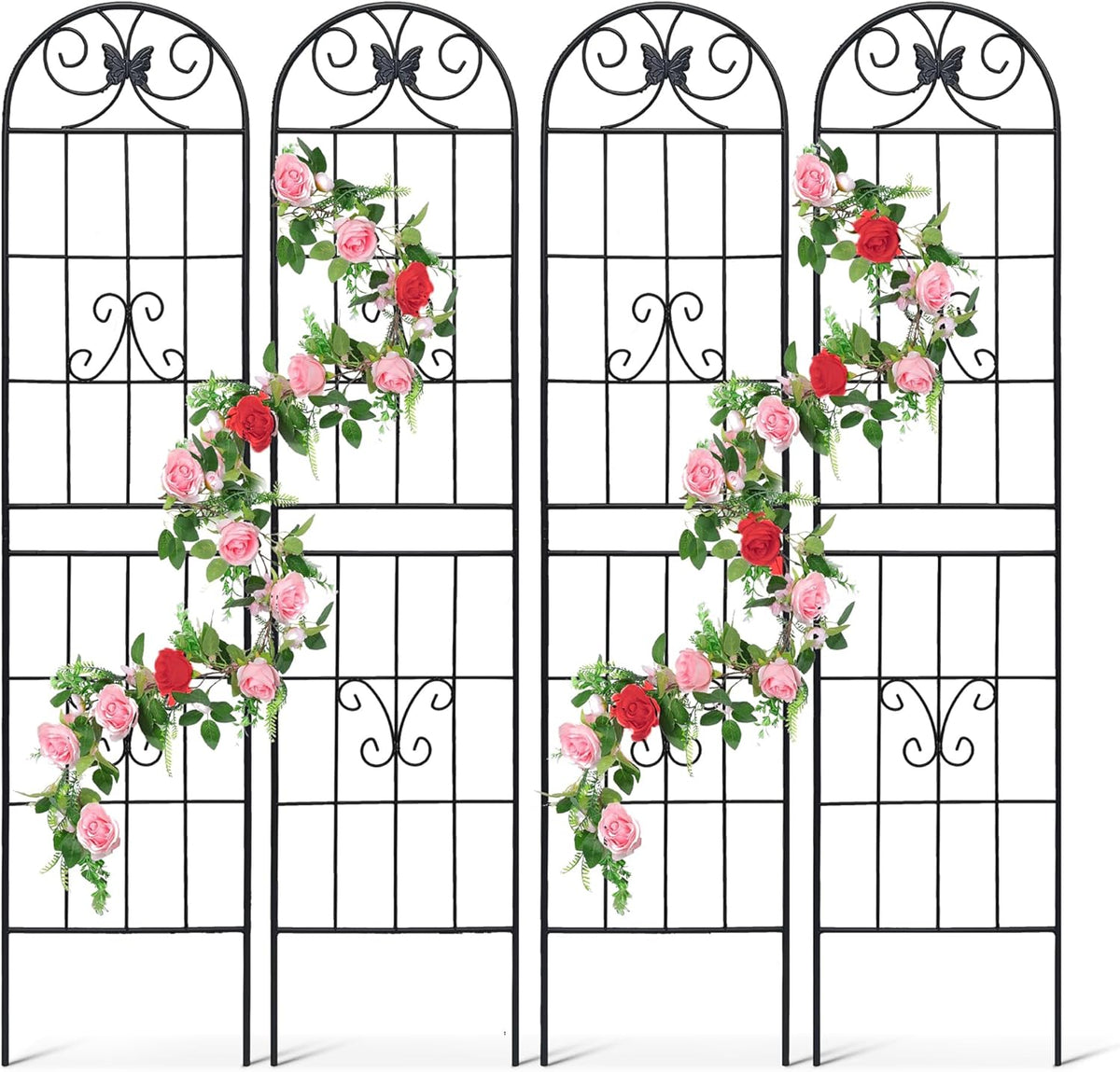 4 Pack Metal Garden Trellis 86.7" Tall Outdoor Climbing Plant Support for Roses, Flowers, Rustproof Durable Black Galvanized Tube, Lawn Garden Fence Decor Screen (4pcs, 86.7" H)