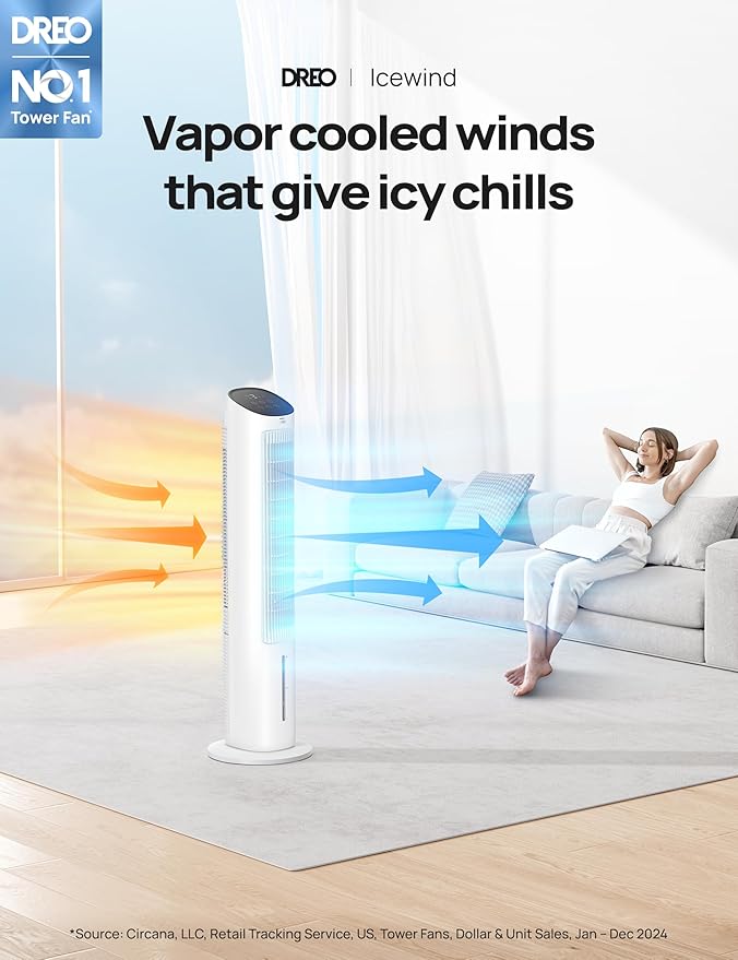 Dreo Evaporative Air Cooler, 40” Standing Fans that Blow Cold Air, 80° Oscillating Bladeless Cooling Fan for Bedroom, Swamp Cooler, Removable Water Tank, Ice Pack, Remote, 3 Mode 4-Speed, White