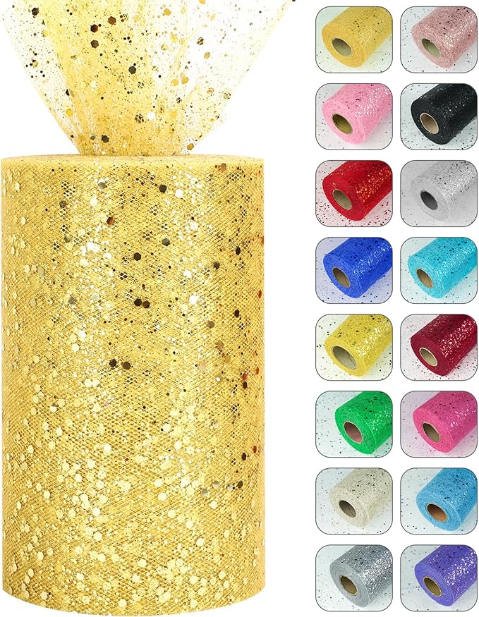Glitter Tulle Rolls, 6” by 50 Yards (150FT) Sparkling Tulle Spool Ribbon Sequin Tulle Netting Fabric for Tutu Skirt Wedding Birthday Baby Shower (Gold)