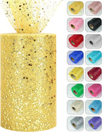 Glitter Tulle Rolls, 6” by 50 Yards (150FT) Sparkling Tulle Spool Ribbon Sequin Tulle Netting Fabric for Tutu Skirt Wedding Birthday Baby Shower (Gold)
