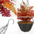 Hollyone Fall Hanging Baskets Small Artificial Fern Orange 21 Leaves Fall Hanging Decor Plant Boston Ferns Silk Plants with Black Rattan Baskets Outdoors Indoor Fake Fern Autumn Decorations for Home