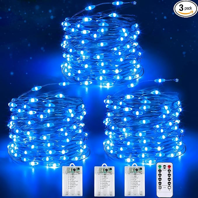 3 Pack Fairy Lights Battery Operated with Remote Control Timer, 26 FT 80 LED String Lights Outdoor Indoor Decoration, 8 Modes Twinkle Lights for Christmas Party Wedding Birthday Bedroom Décor (Blue)